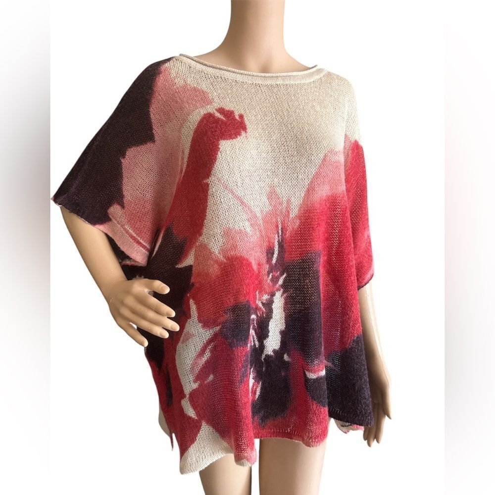 Chico's Vibrant Red and Purple Cream Floral Poncho Kimono One Size